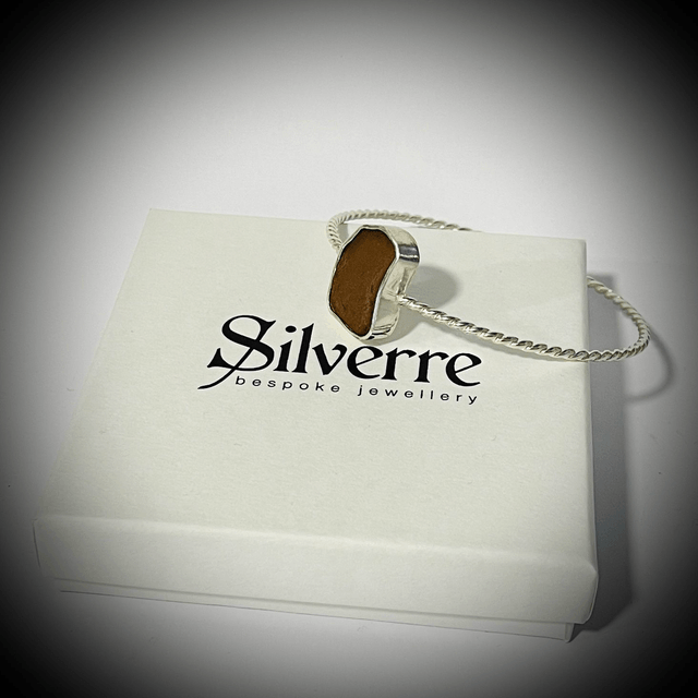 Amber Sea Glass Twisted Silver Bangle