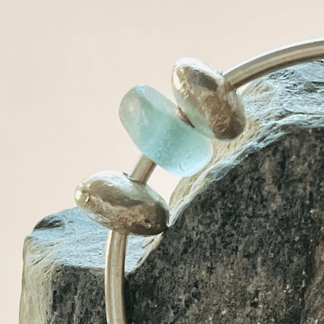 Silver Bangle with silver pebbles and aqua sea glass