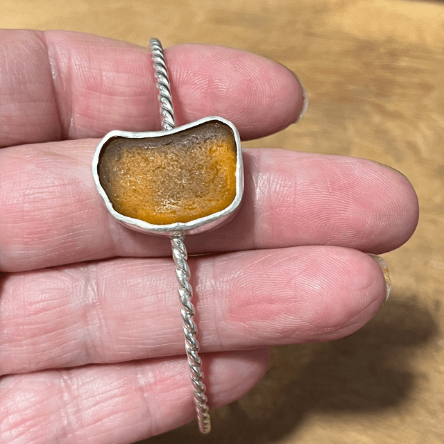 Amber Sea Glass Twisted Silver Bangle