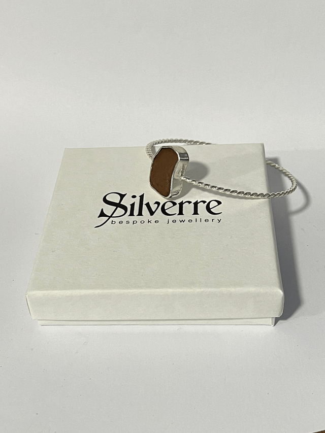 Amber Sea Glass Twisted Silver Bangle
