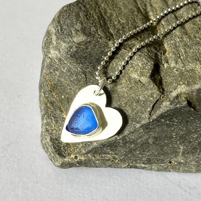 Blue Sea Glass, Heart Shaped Silver Necklace.