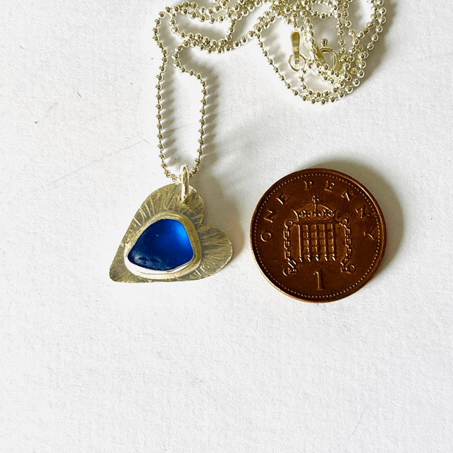 Blue Sea Glass, Heart Shaped Silver Necklace.